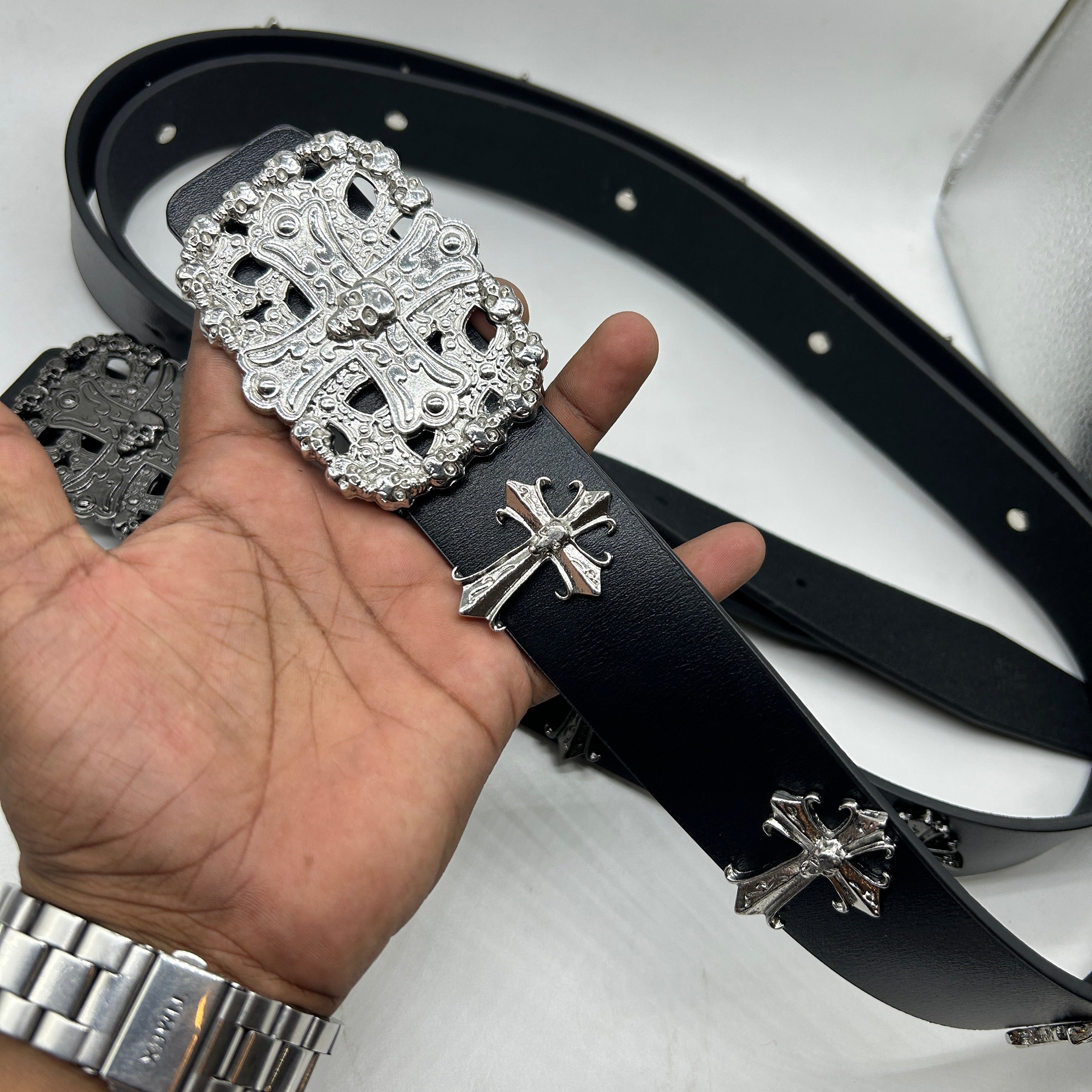 Premium Silver Gothic Skull Cross Buckle Leather Belt for Men & Women