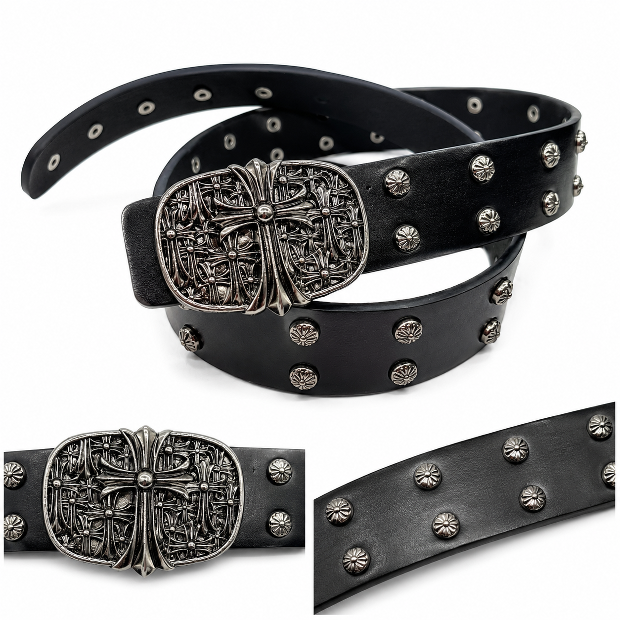 Black Gothic Cross Buckle Studded Belt for Men | Premium Streetwear Belt