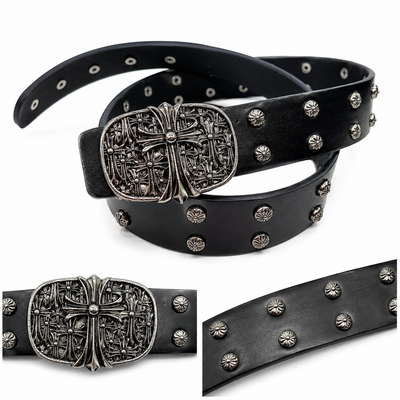 Black Gothic Cross Buckle Studded Belt for Men | Premium Streetwear Belt
