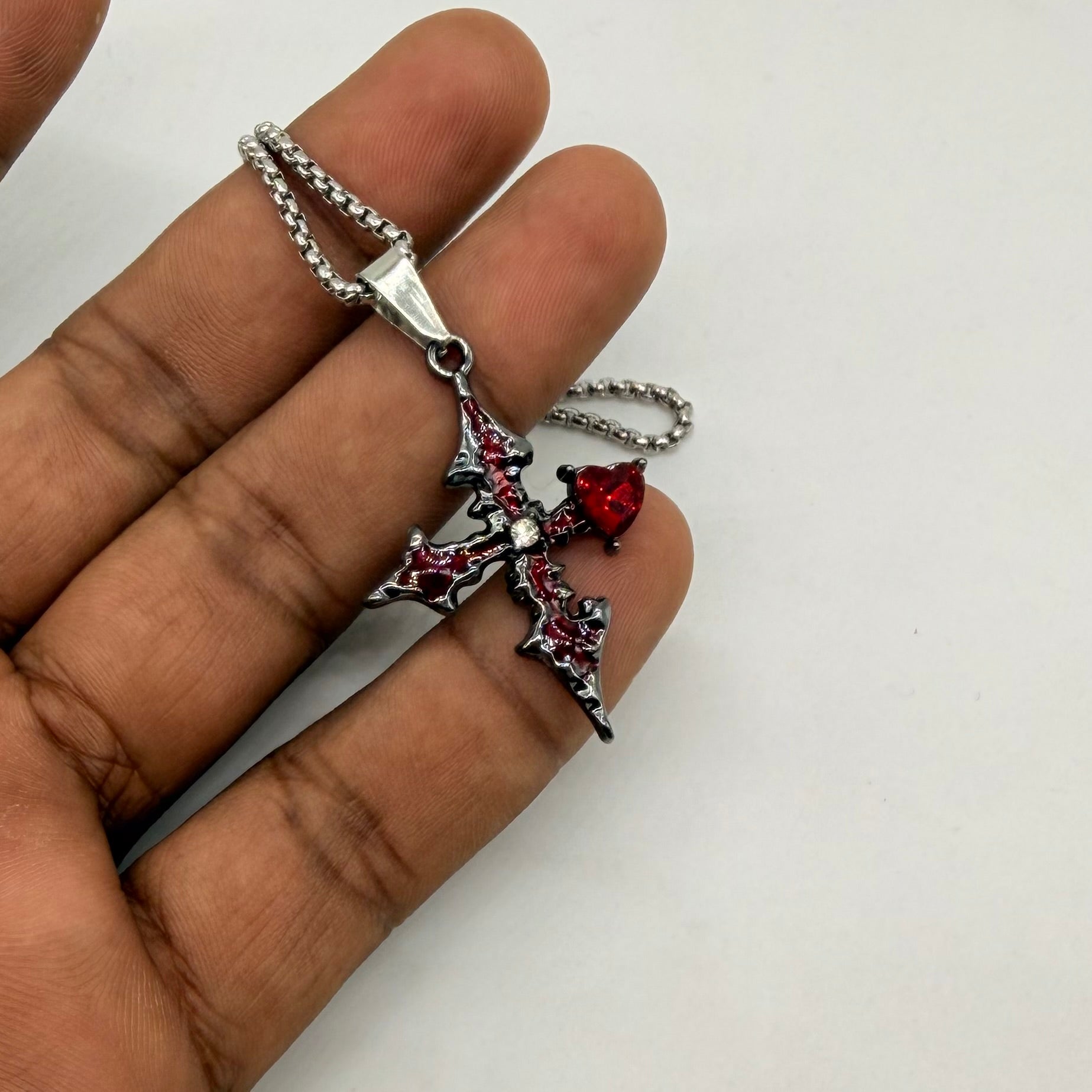 Gothic Thorn Cross Red Heart Crystal Pendant Necklace with Stainless Steel Chain | Vintage Punk Unisex Jewelry