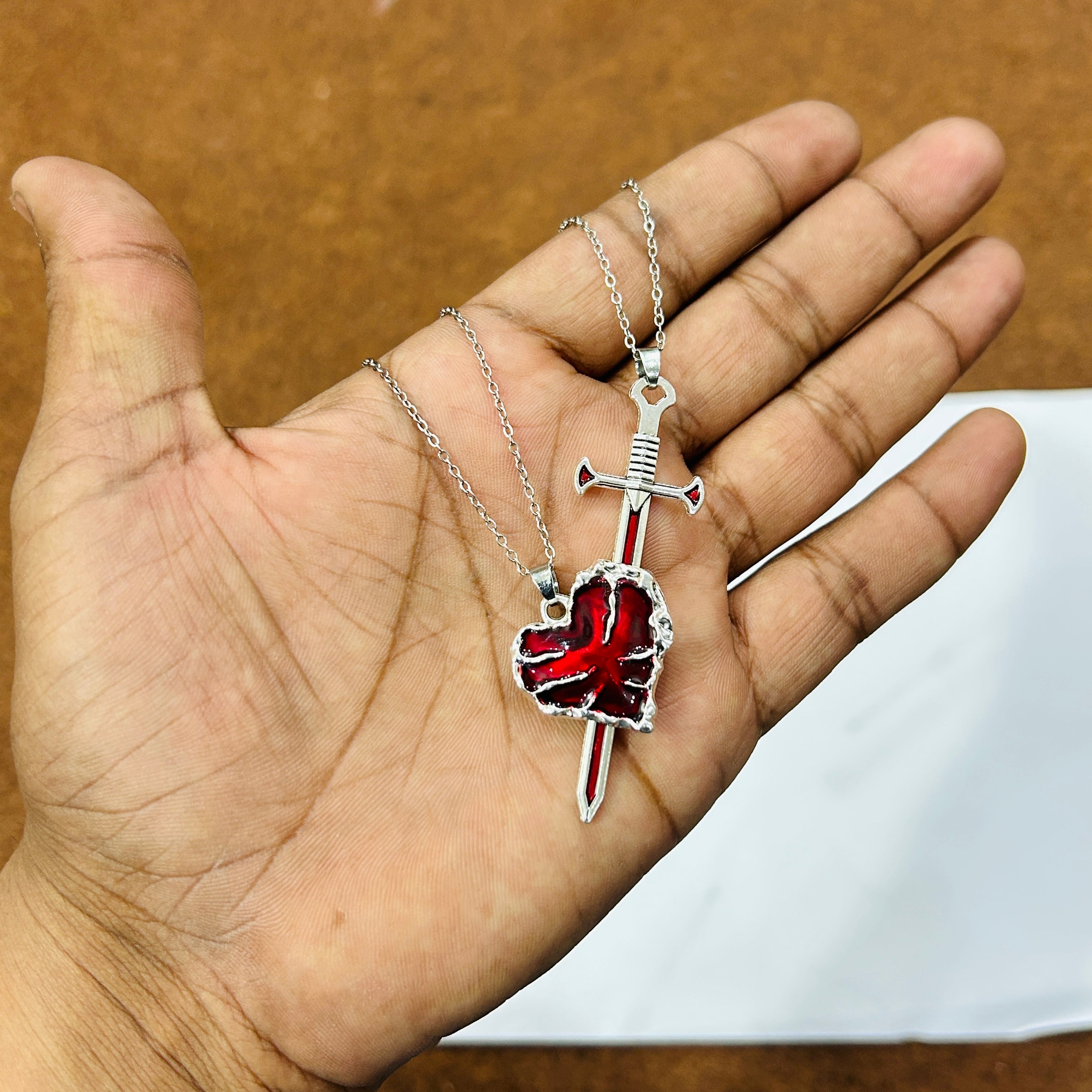 Crimson Heart & Sword Pendant Set