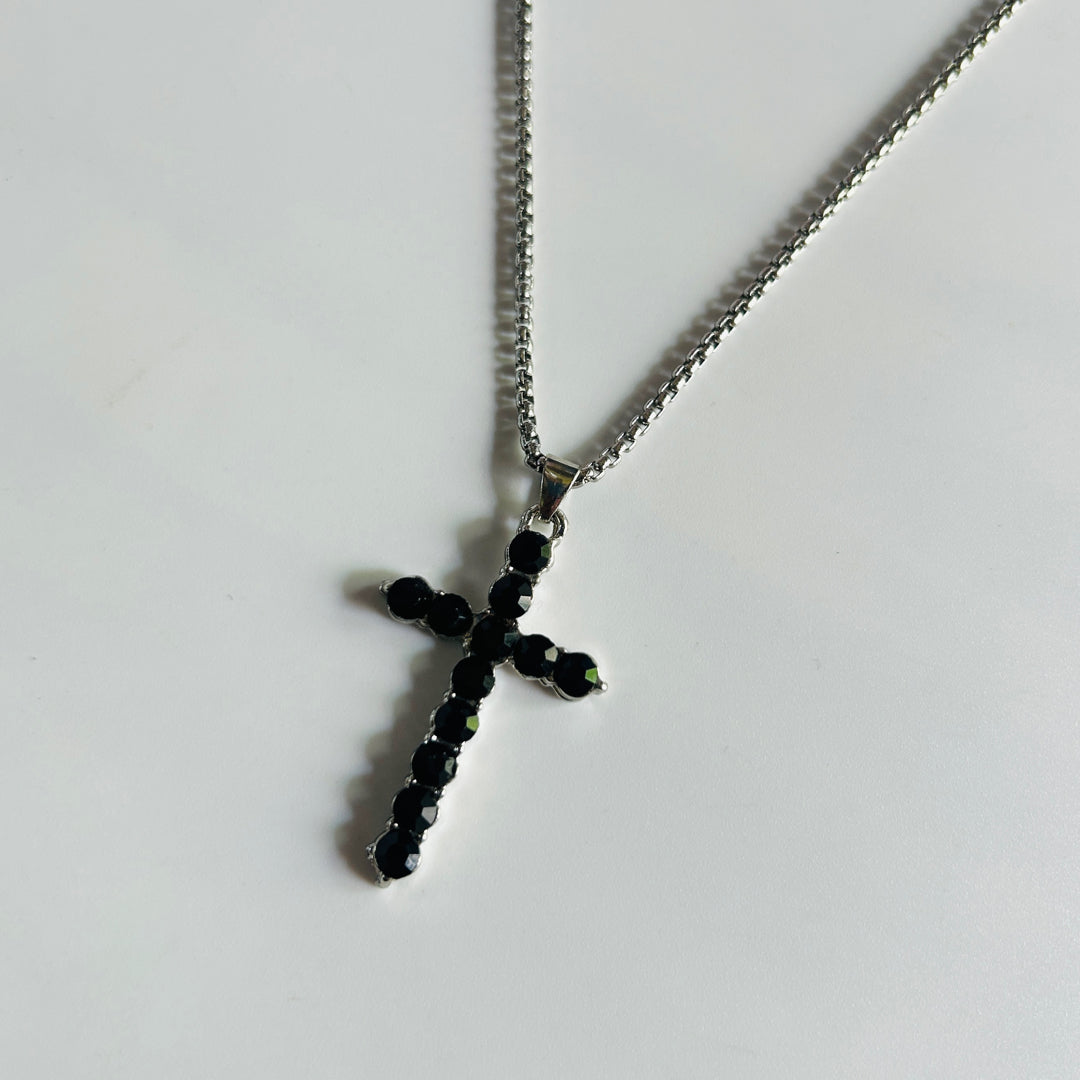 Black dark cross with stainless steel chain