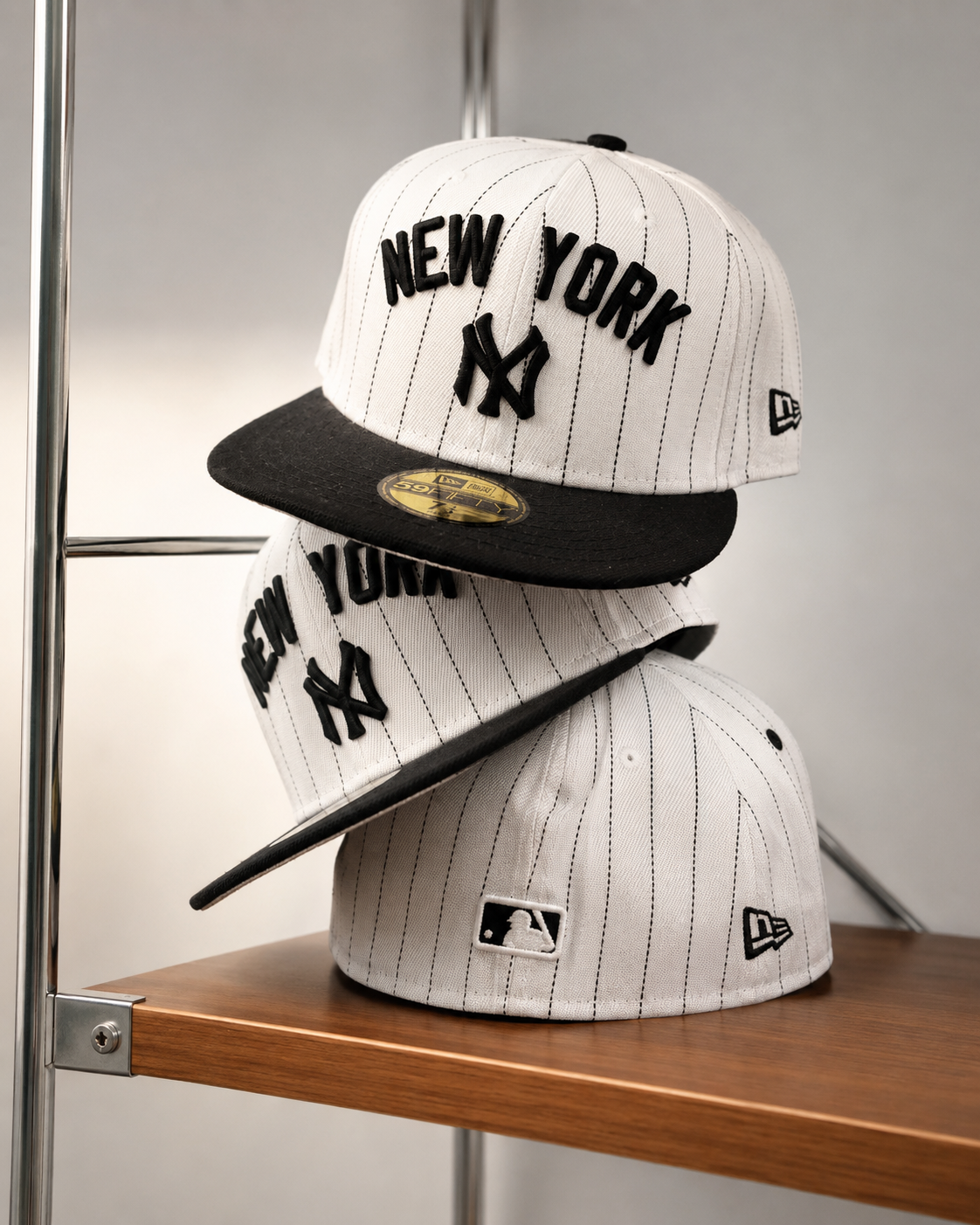 New York NY Fitted Cap White & Black Pinstripe | Premium Embroidered Baseball Cap