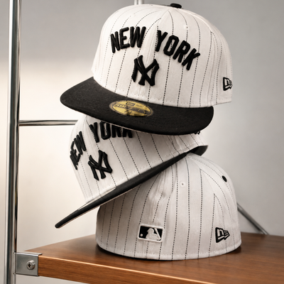 New York NY Fitted Cap White & Black Pinstripe | Premium Embroidered Baseball Cap