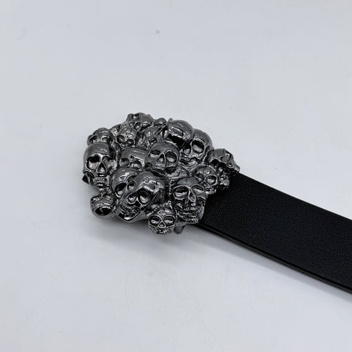 100% Pure Leather Chrome Skull Cluster Buckle Belt