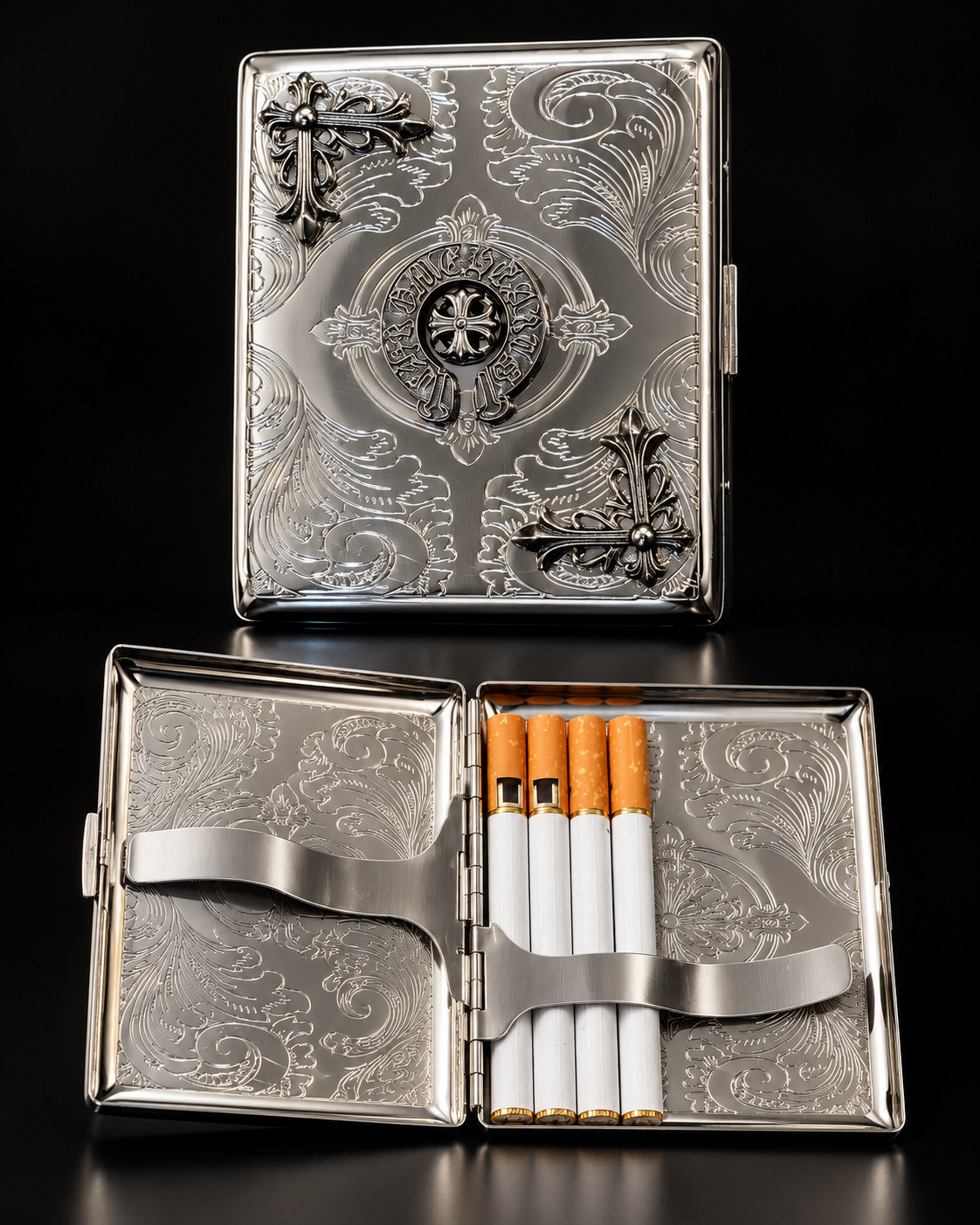 Gothic Engraved Silver Cigarette Case & Holder | Chrome Finish