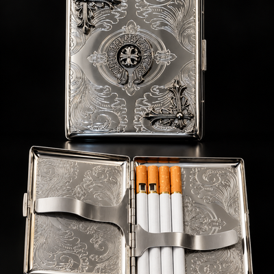 Gothic Engraved Silver Cigarette Case & Holder | Chrome Finish