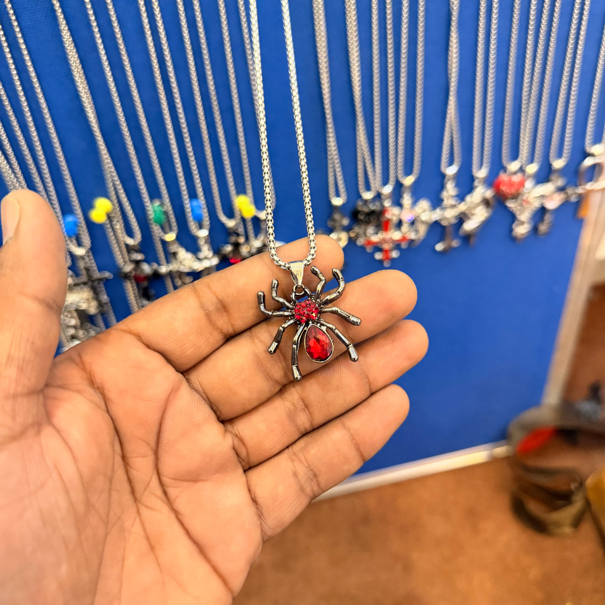 6 piece- red stone spider pendant with chain