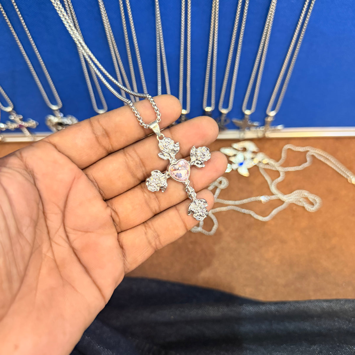 6 piece- pink stone cross pendant with chain