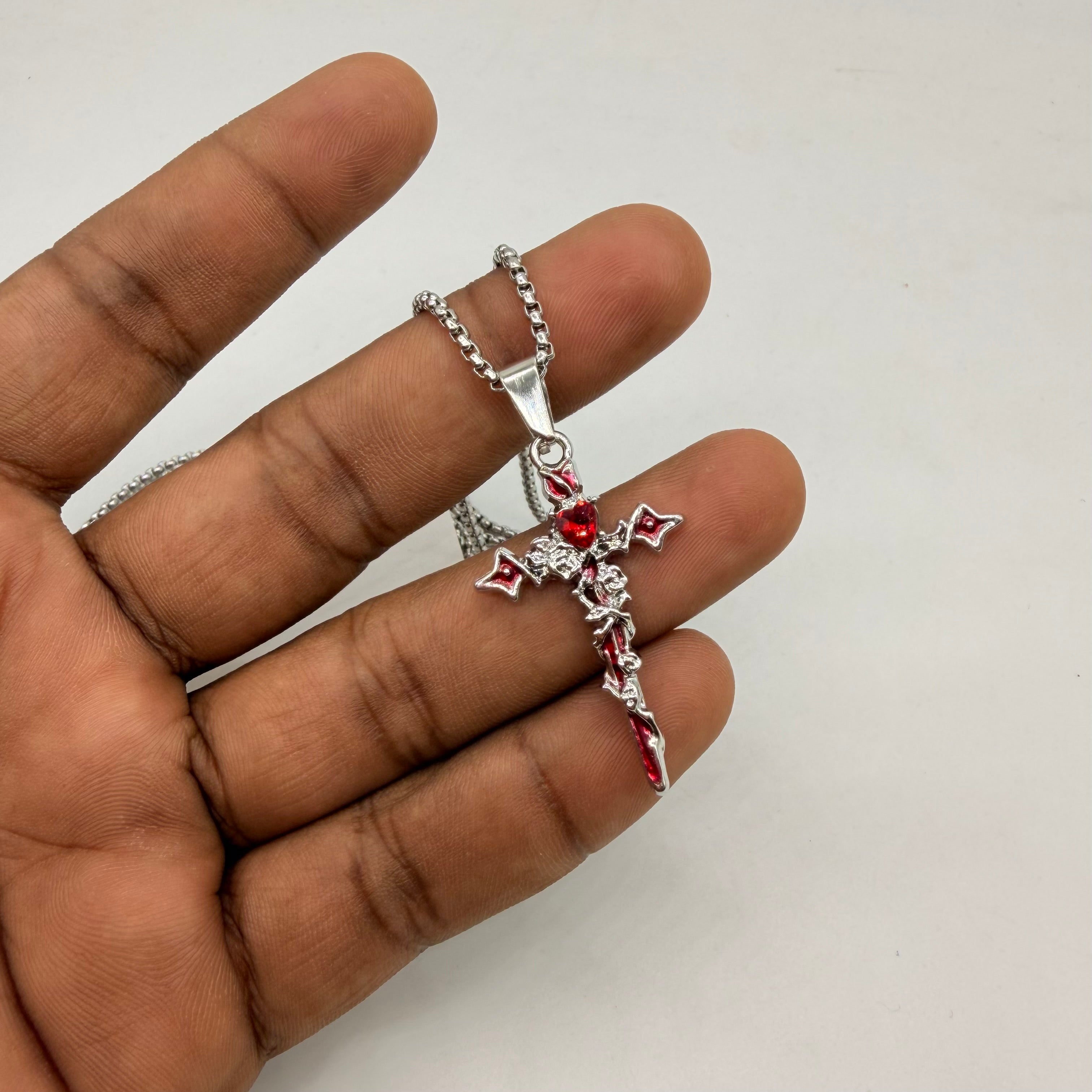 Gothic Rose Cross Red Crystal Pendant Necklace with Stainless Steel Box Chain | Vintage Y2K Unisex Jewelry