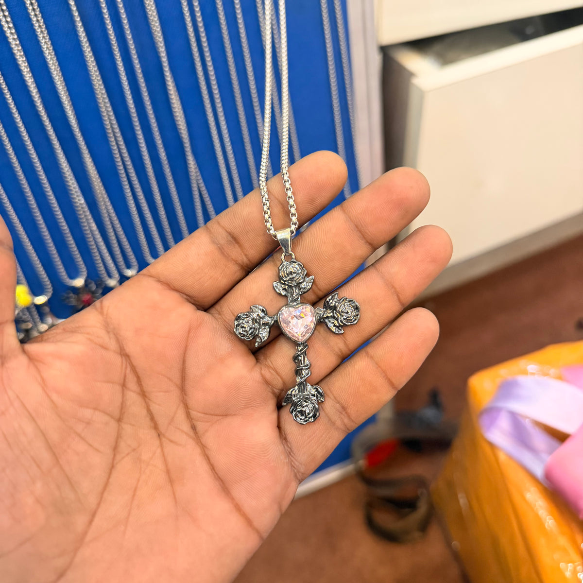 6 piece- black rose cross pink stone pendant with chain