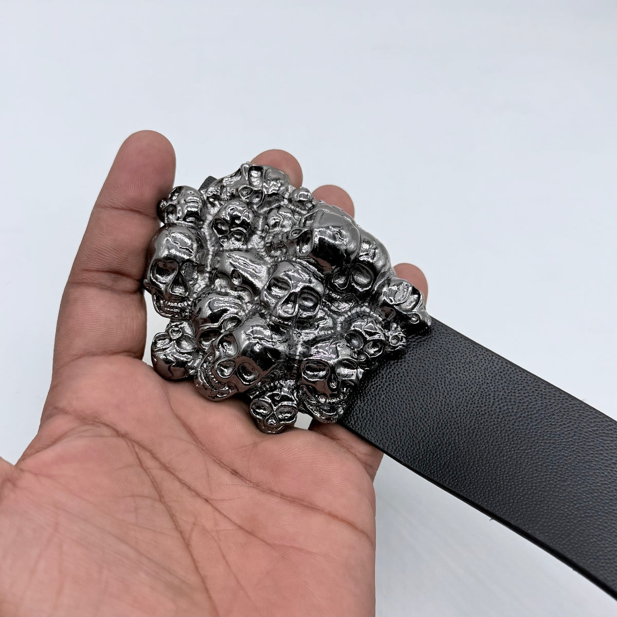 100% Pure Leather Chrome Skull Cluster Buckle Belt