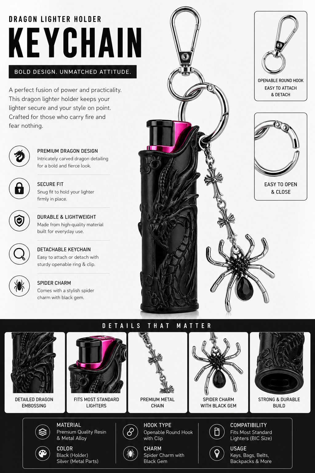 Fashion Lobby Dragon Lighter Holder Keychain with Spider Charm