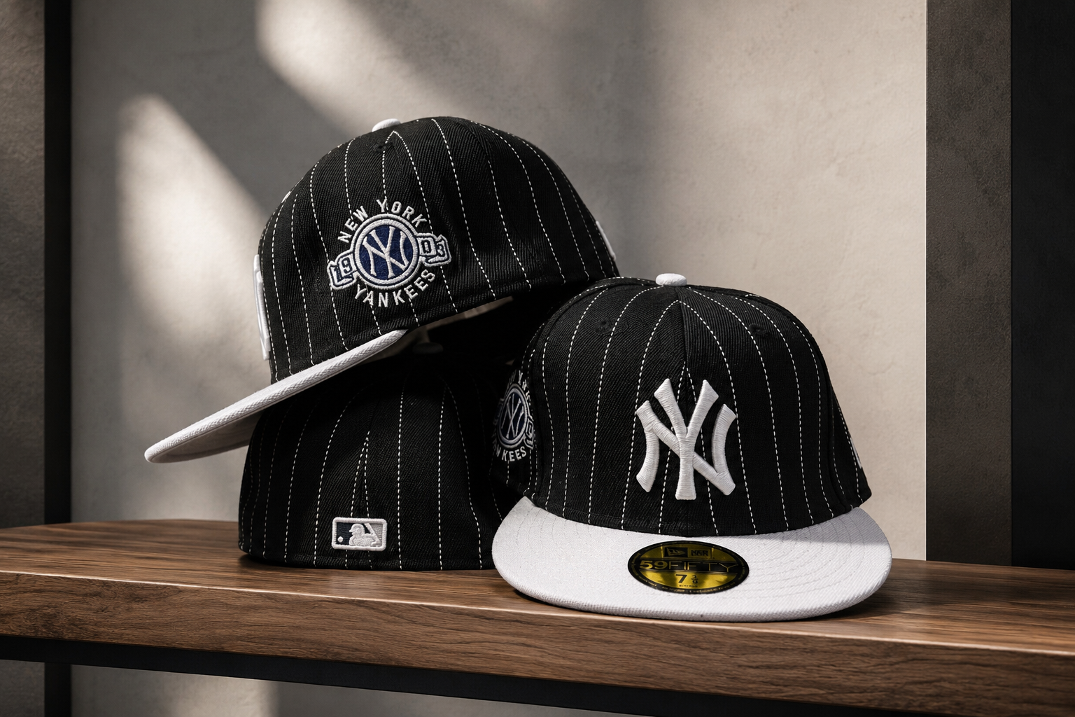 New York NY Fitted Cap Black & White Pinstripe | Premium Embroidered Baseball Cap