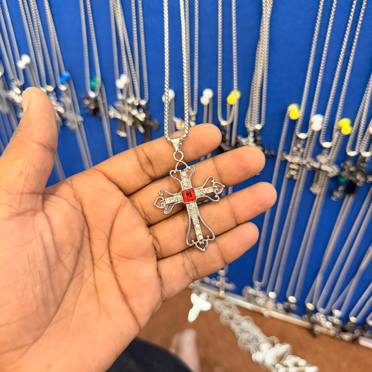 6 piece- red stone cross pendant with chain