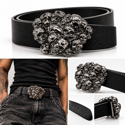 100% Pure Leather Chrome Skull Cluster Buckle Belt