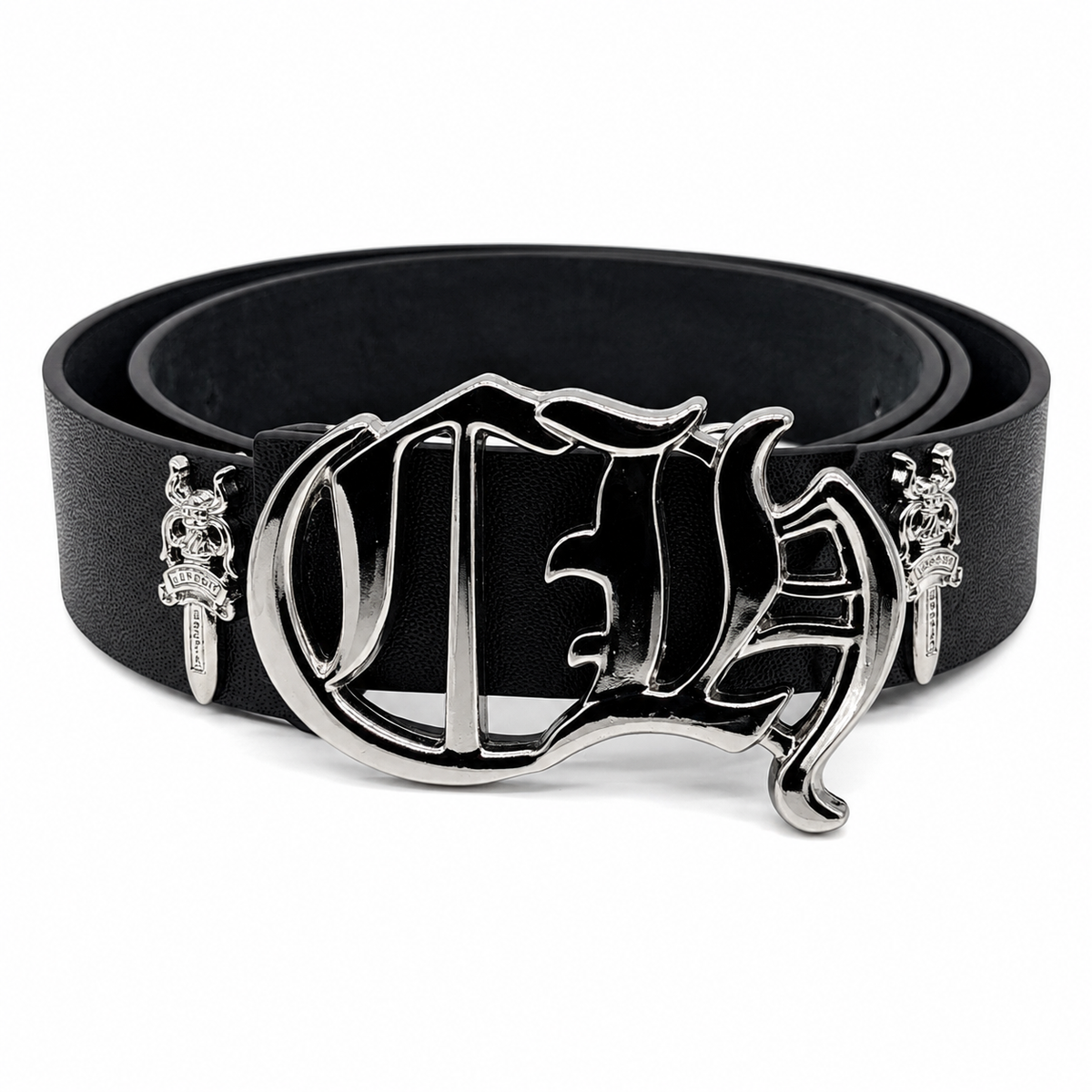 Silver - Gothic Monogram Buckle Belt 100% Pure Leather