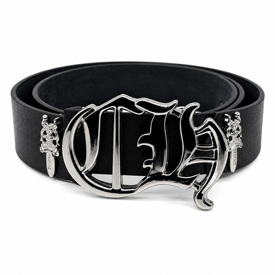Silver - Gothic Monogram Buckle Belt 100% Pure Leather