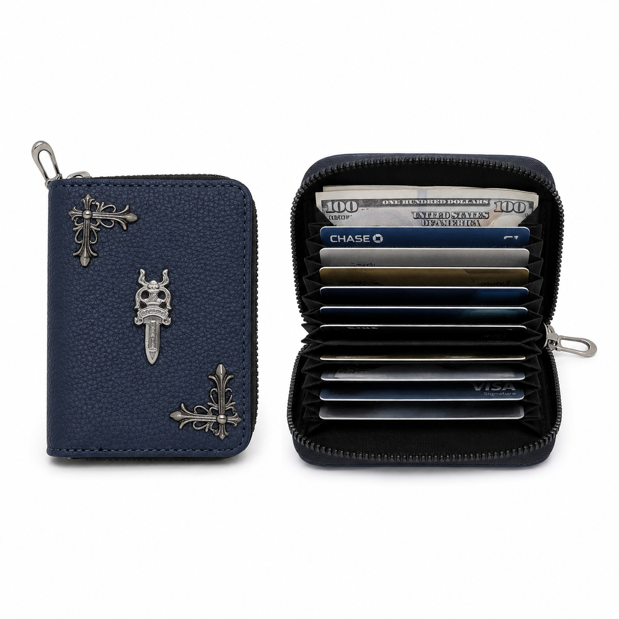 3 Pcs Midnight Cross Navy Blue Zipper Wallet