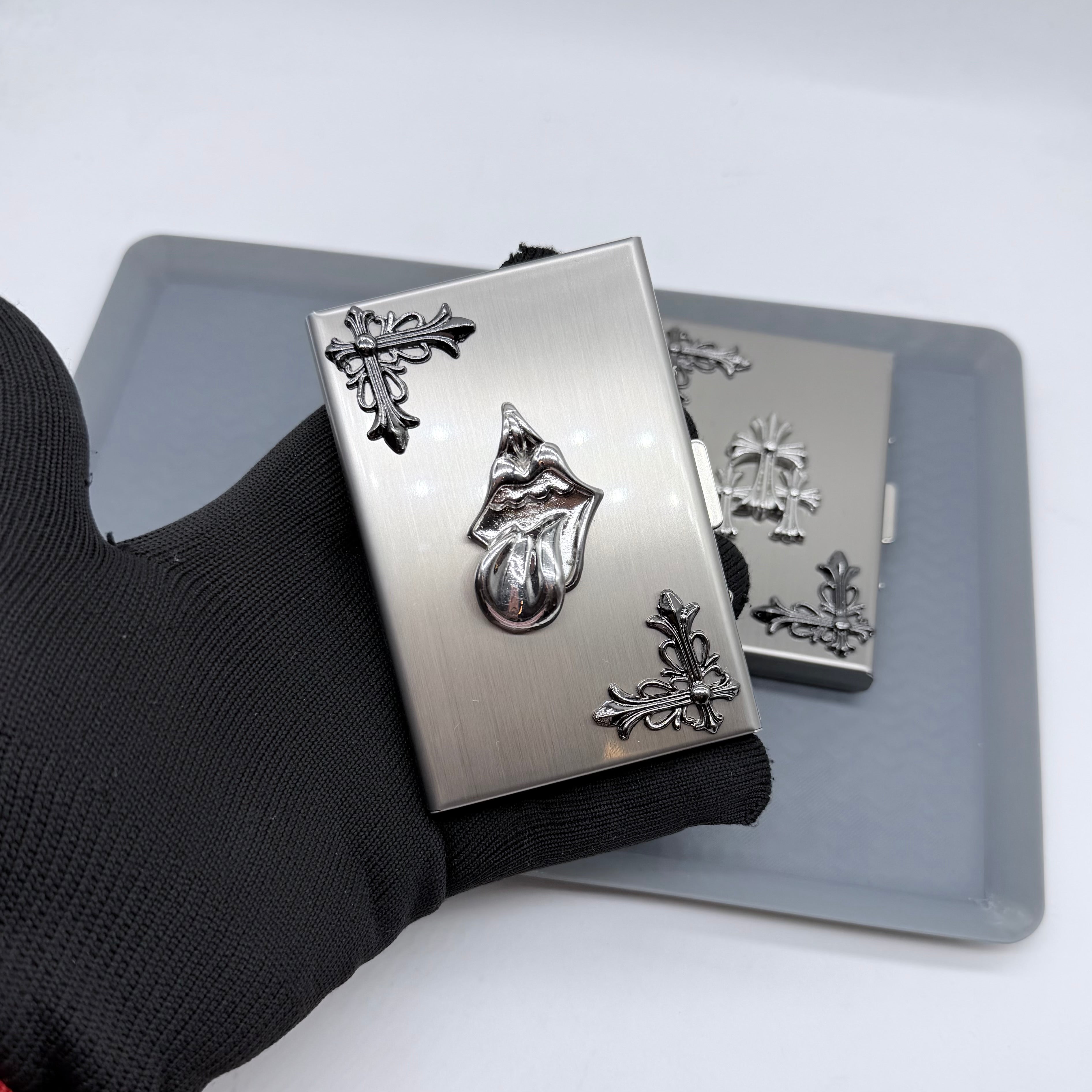 Premium Gothic Tongue Metal Card Holder – Brushed Silver Finish