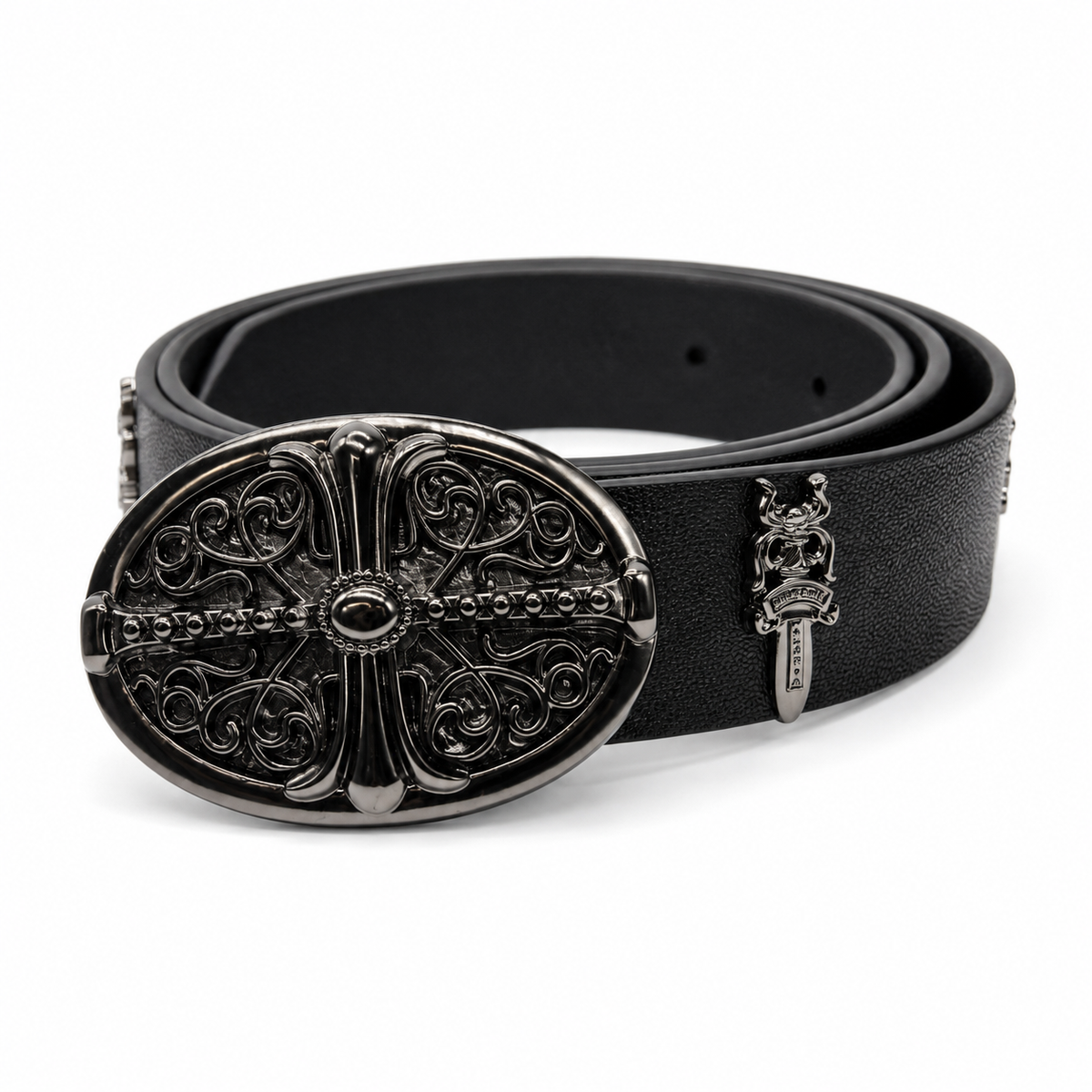 Black - Ornate Black Chrome Fleur Belt 100% Pure Leather