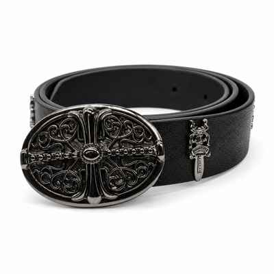Black - Ornate Black Chrome Fleur Belt 100% Pure Leather