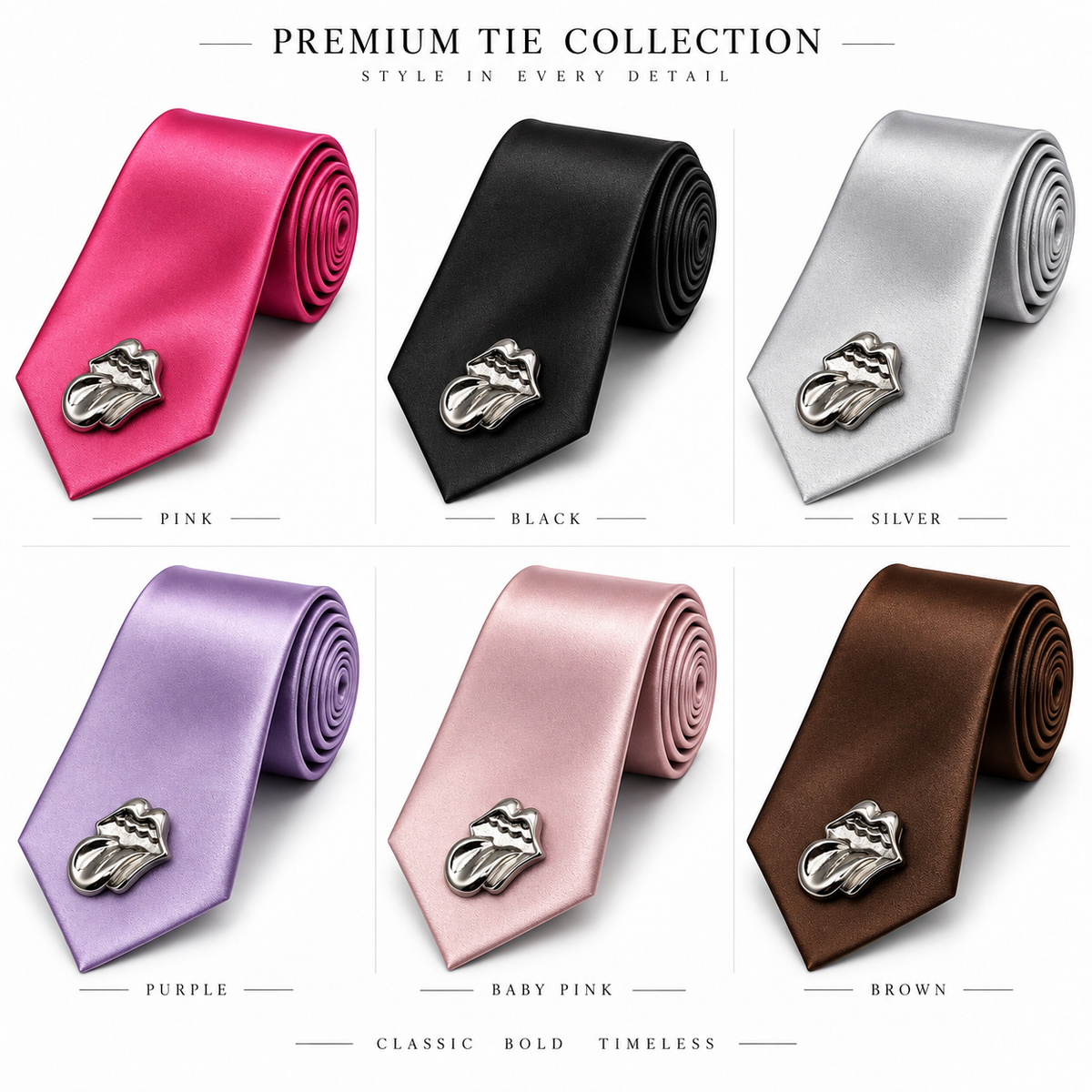 Premium multicoloured Tongue Emblem Statement Tie pack of 6