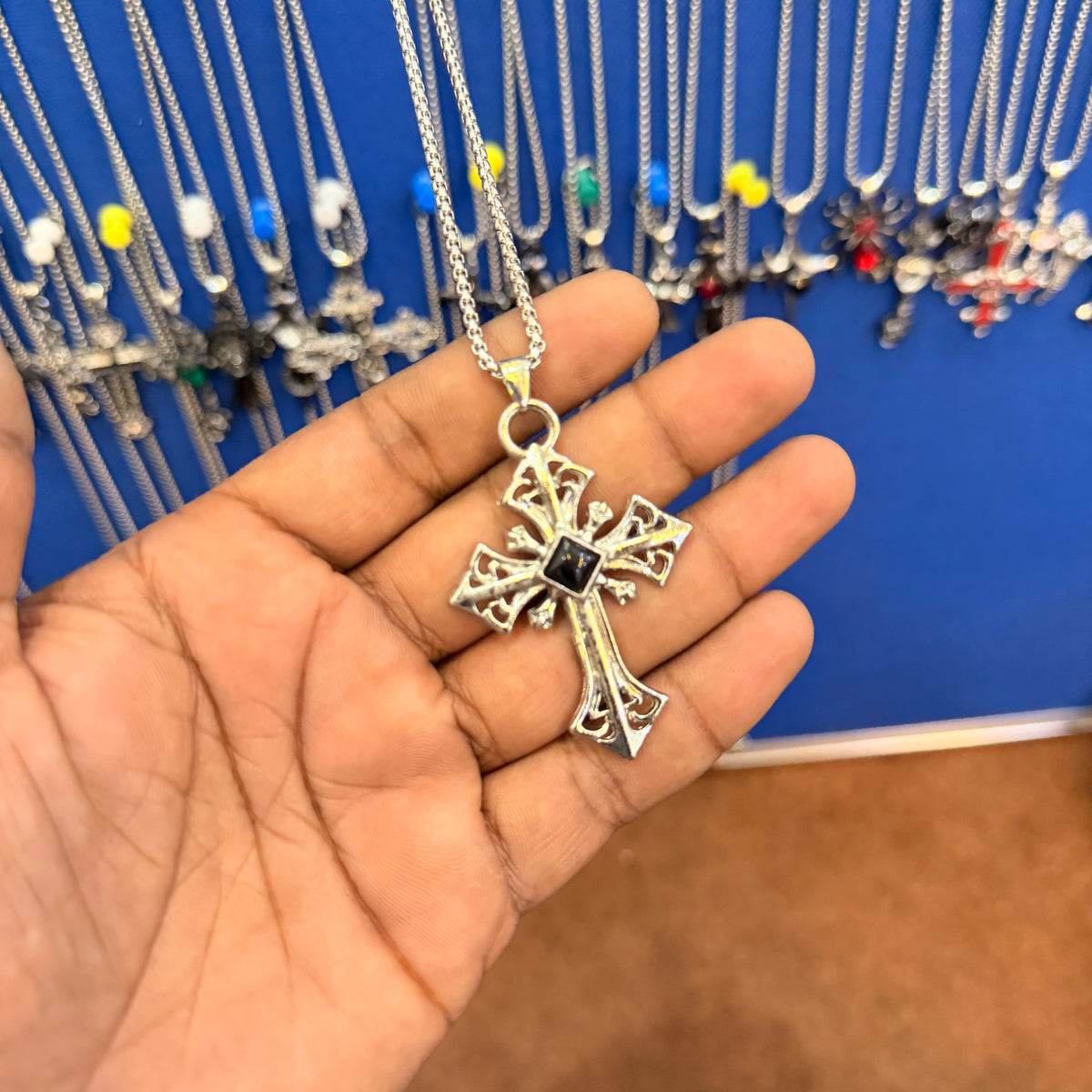 6 piece- silver cross black stone pendant with chain