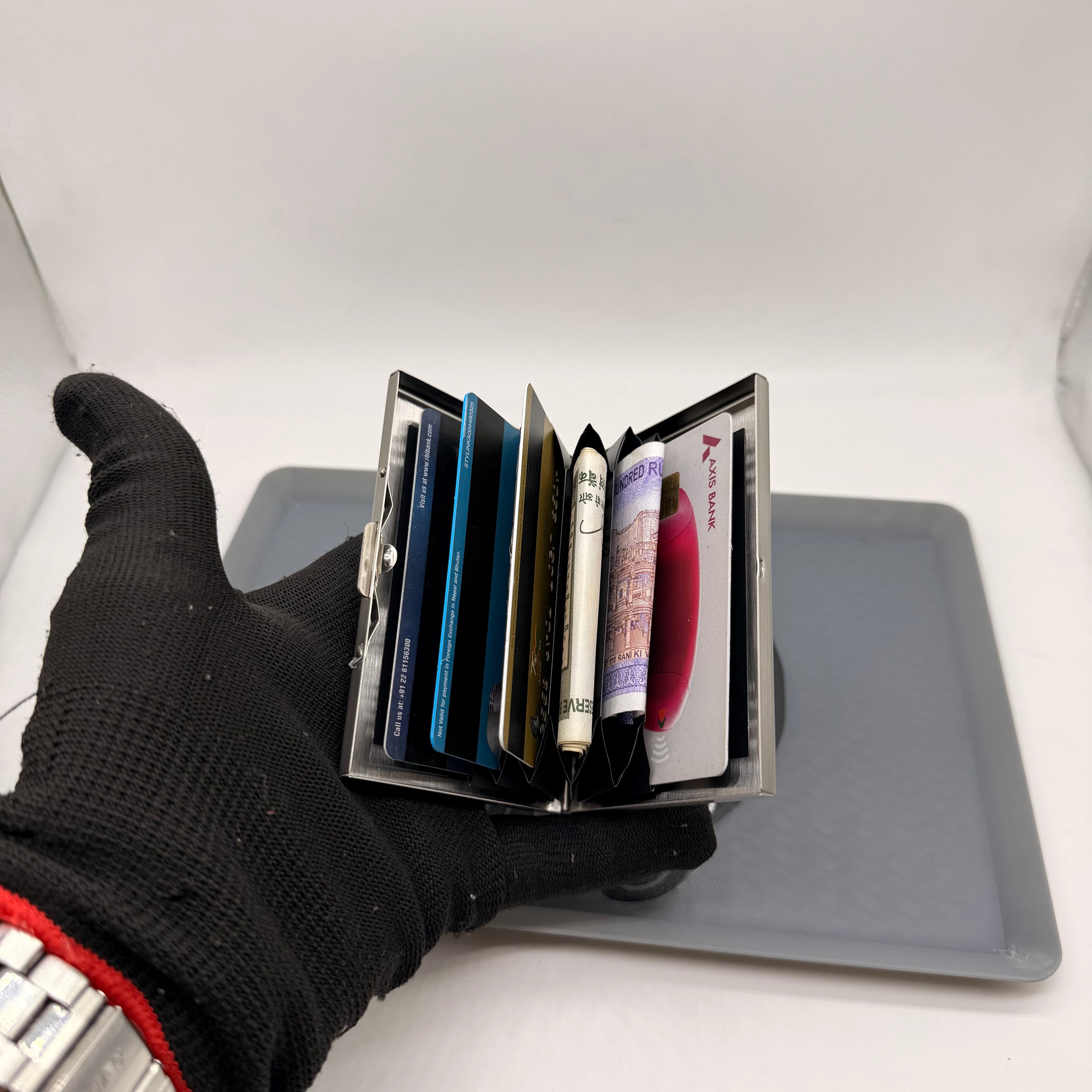 Premium Gothic Tongue Metal Card Holder – Brushed Silver Finish