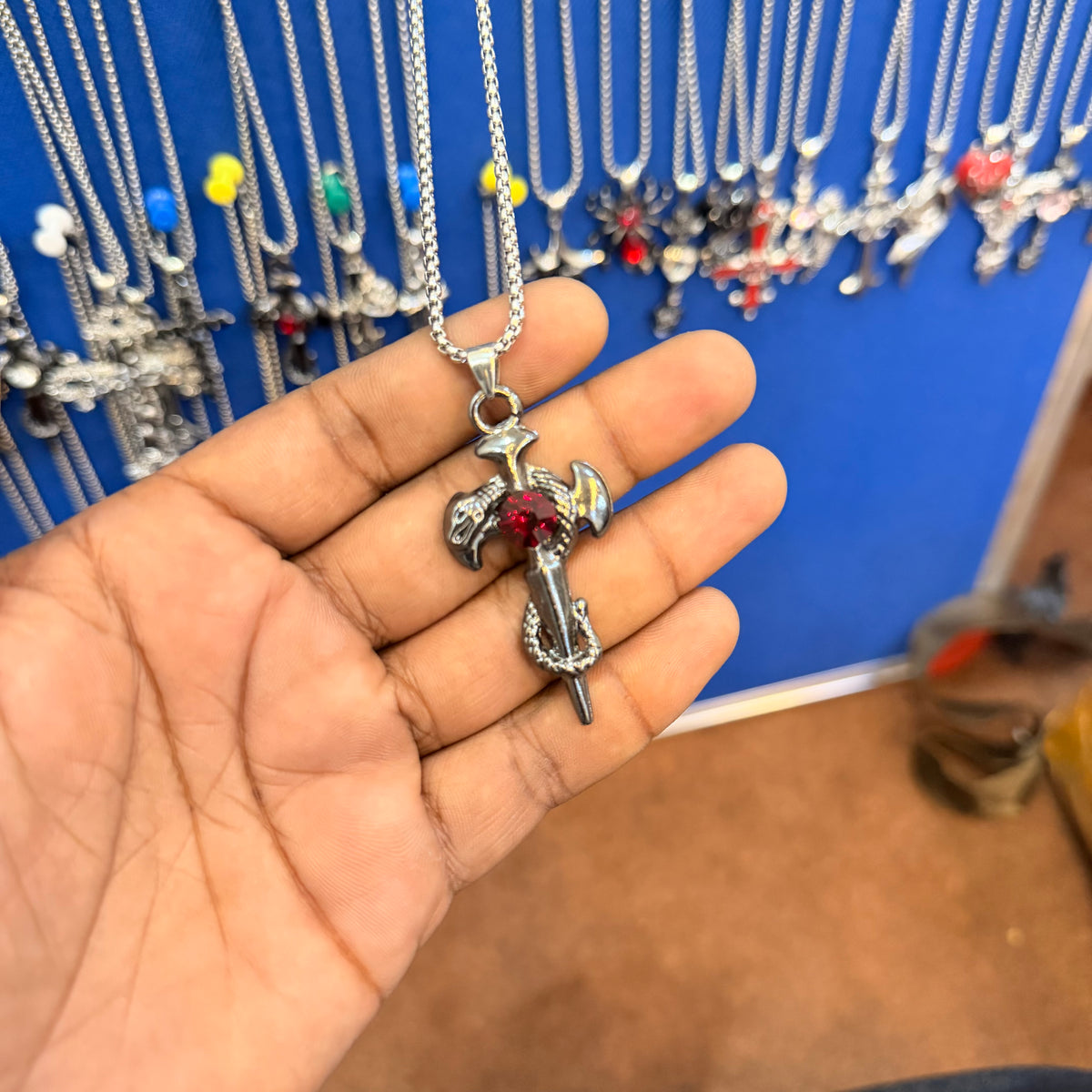 6 piece- black cross red stone snake pendant with chain