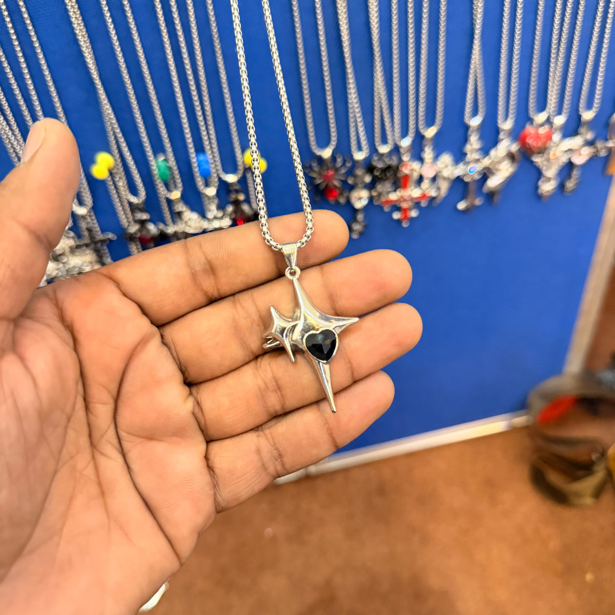 6 piece- black stone star pendant with chain