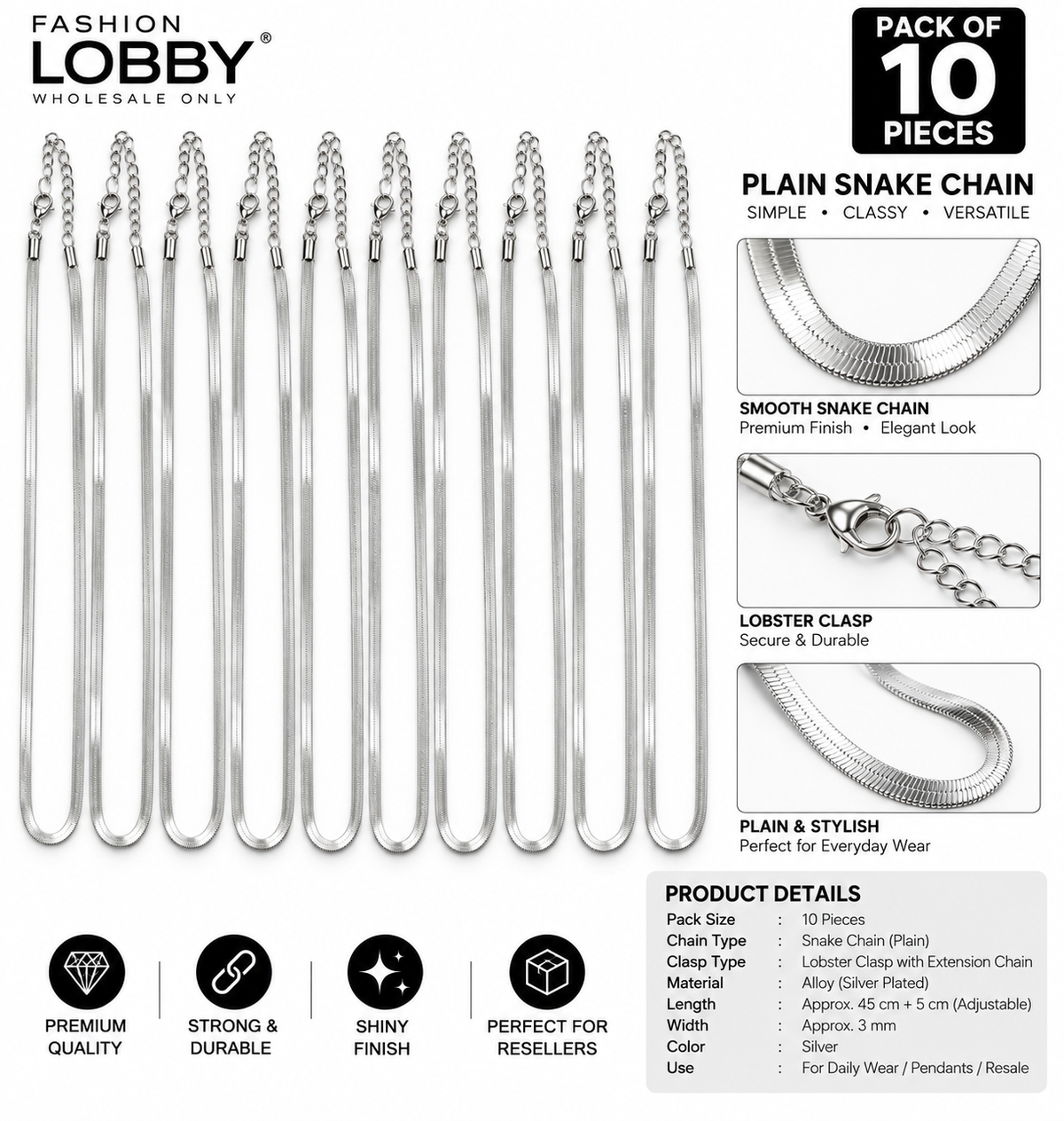 Premium silver snake chain pack of 10
