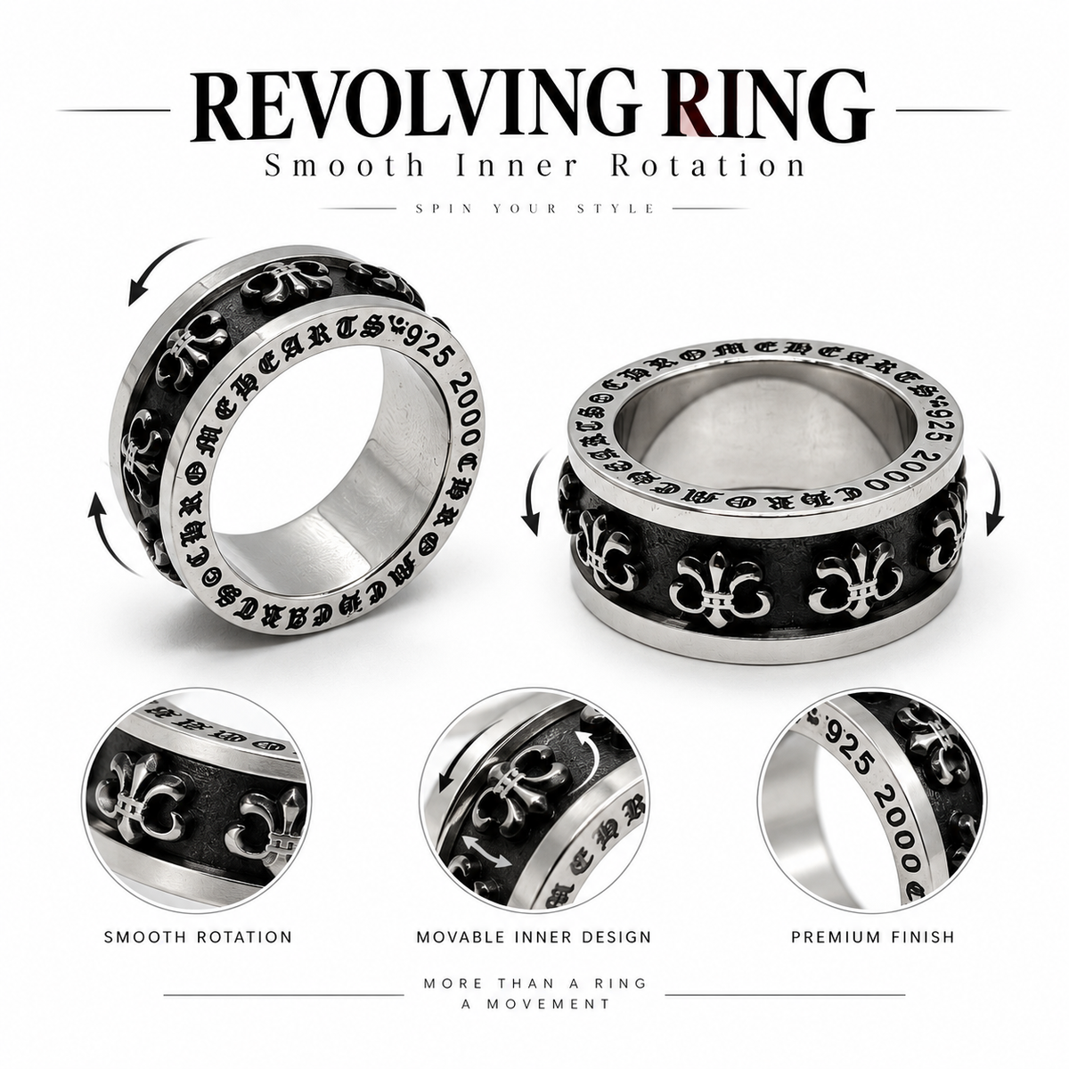 Ch Revolving Ring – 360° Rotating Inner Band | Gothic Statement Ring | Premium Stainless Steel