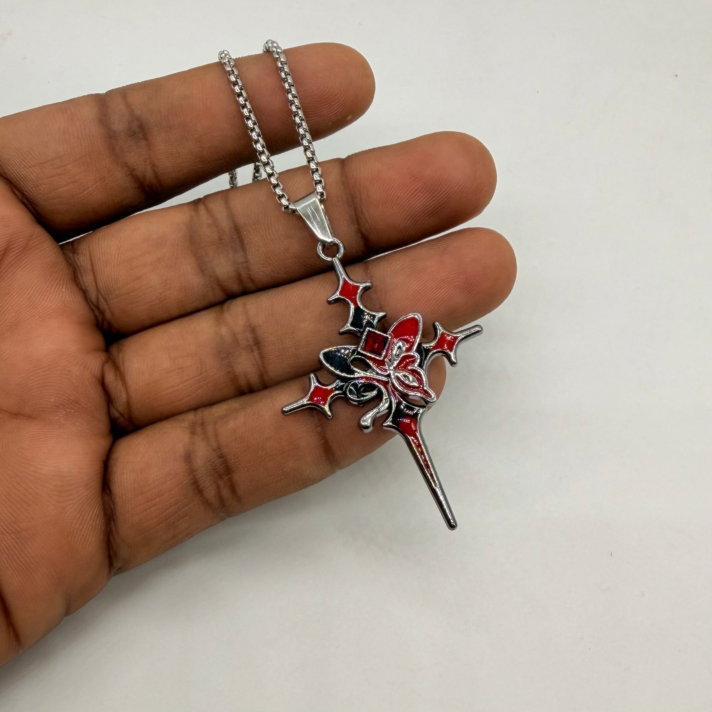 Fairy Star Cross Red Enamel Pendant Necklace with Stainless Steel Chain | Gothic Y2K Unisex Jewelry