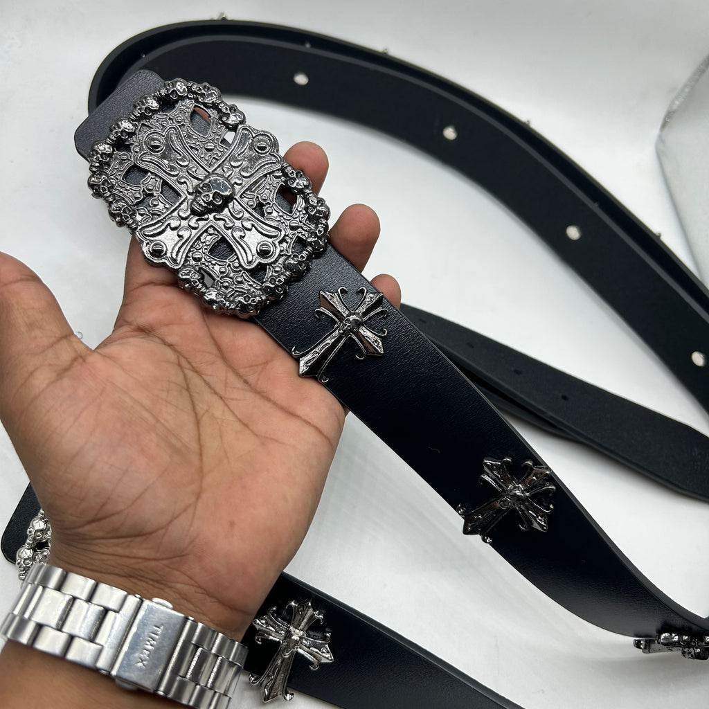 Premium Black Gothic Skull Cross Buckle Leather Belt for Men & Women