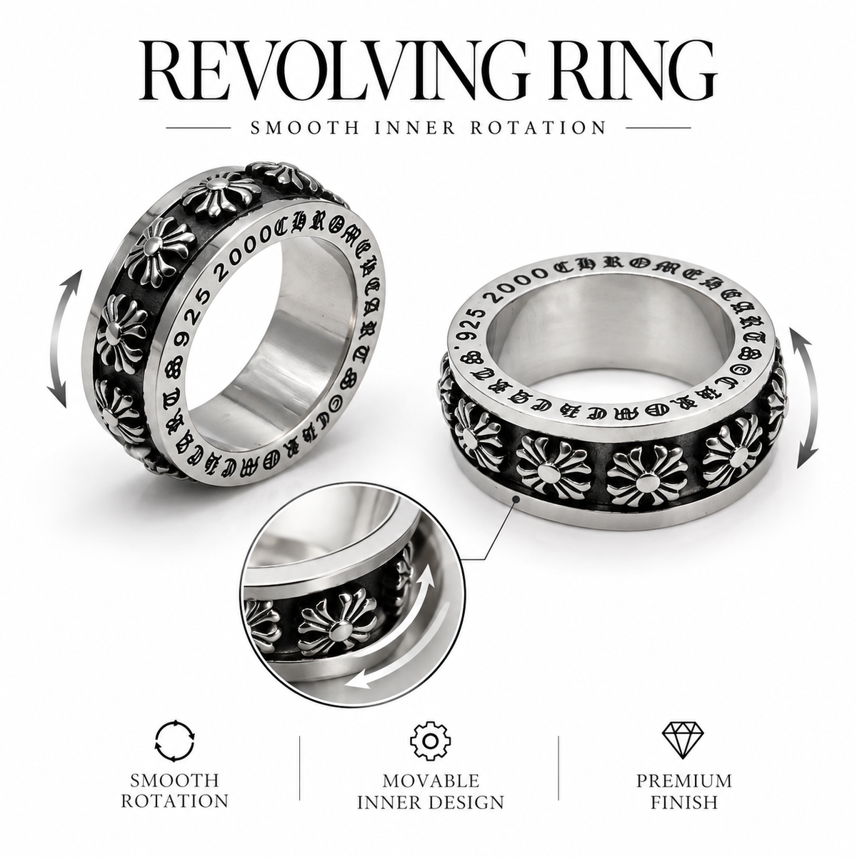 Revolving Gothic Ring – 360° Rotating Inner Band | Stainless Steel