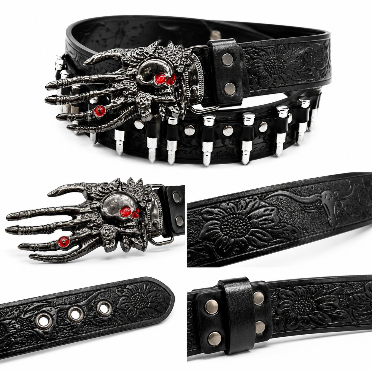 Outlaw Reaper Revolver Skull Buckle Bullet Western Leather Belt – Black