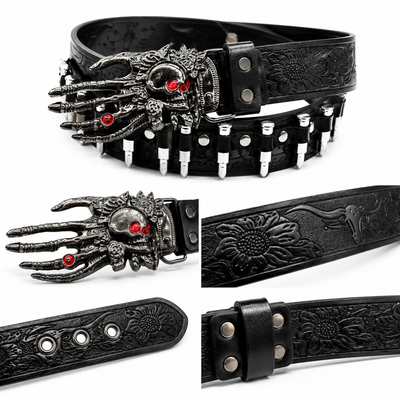 Outlaw Reaper Revolver Skull Buckle Bullet Western Leather Belt – Black