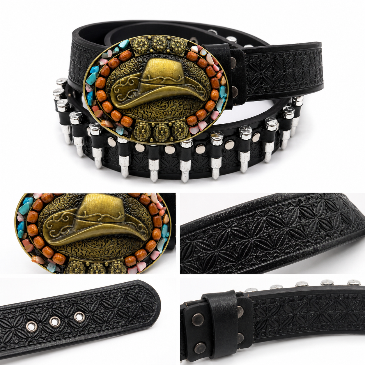 Frontier Gold Bull Skull Buckle Bullet Leather Belt – Antique Gold Edition