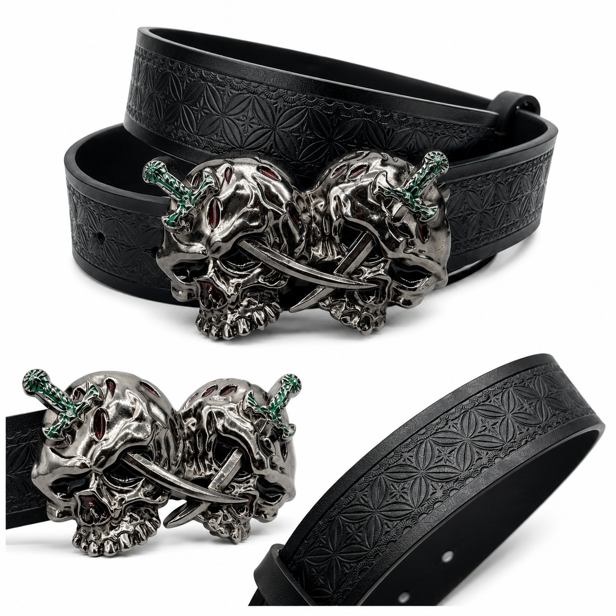 Twin Skull Dagger Buckle Belt for Men | Gothic Punk Statement Belt