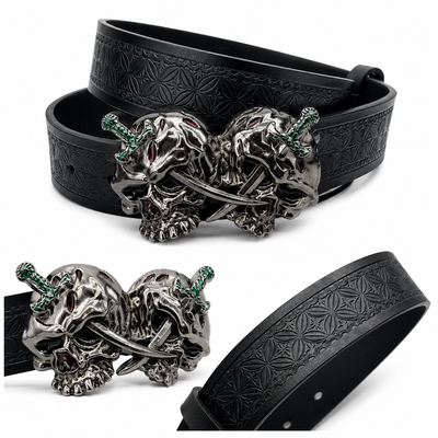 Twin Skull Dagger Buckle Belt for Men | Gothic Punk Statement Belt