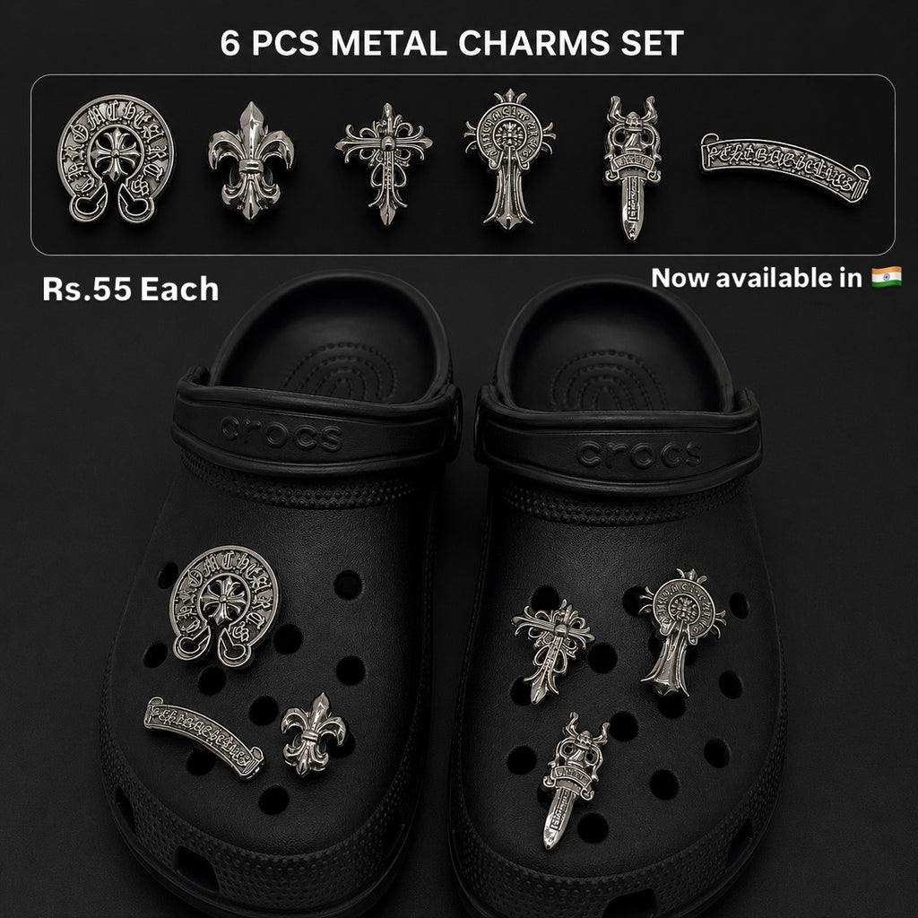 6 PCS Gothic Chrome Metal Crocs Charms Set – Premium Silver Cross, Dagger & Fleur Shoe Accessories