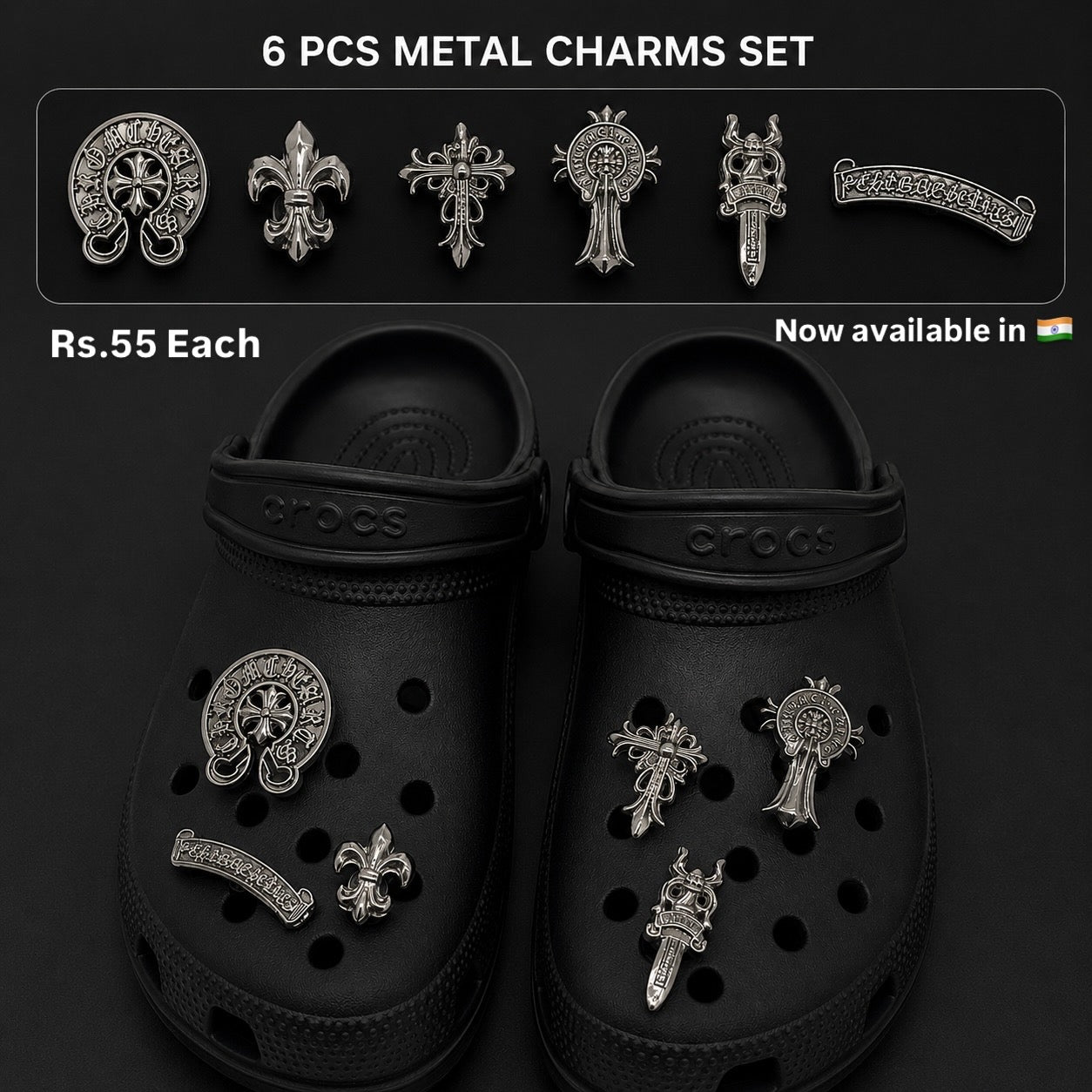 6 PCS Gothic Chrome Metal Crocs Charms Set – Premium Silver Cross, Dagger & Fleur Shoe Accessories