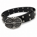 Silver - Vintage Ornate Cross Buckle Studded Black Belt 100% pure leather belt