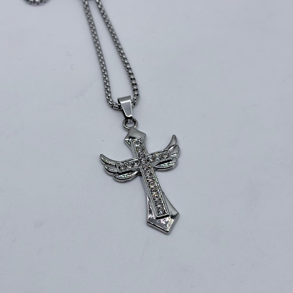 Iced Winged Cross Pendant Necklace – Crystal Angel Cross Chain