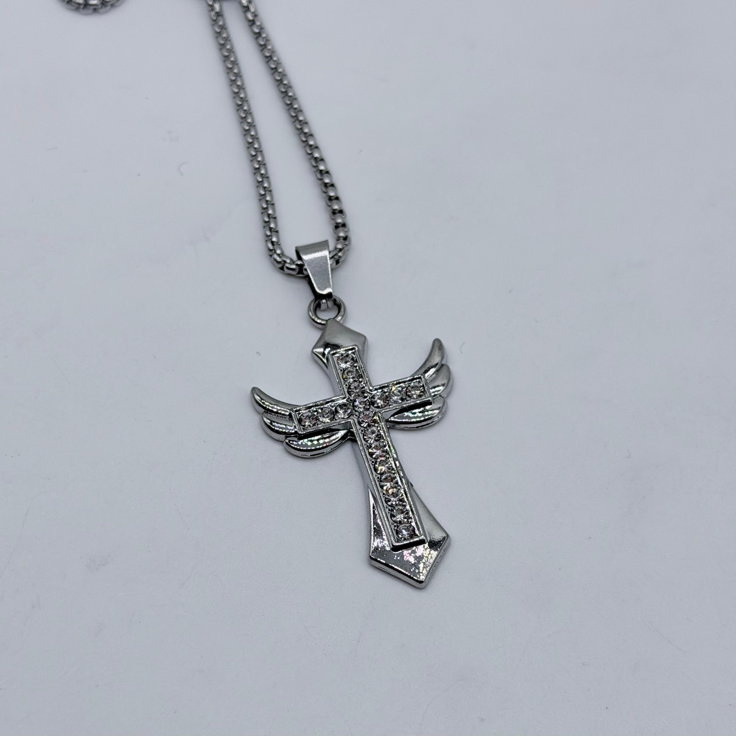 Iced Winged Cross Pendant Necklace – Crystal Angel Cross Chain