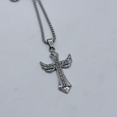 Iced Winged Cross Pendant Necklace – Crystal Angel Cross Chain