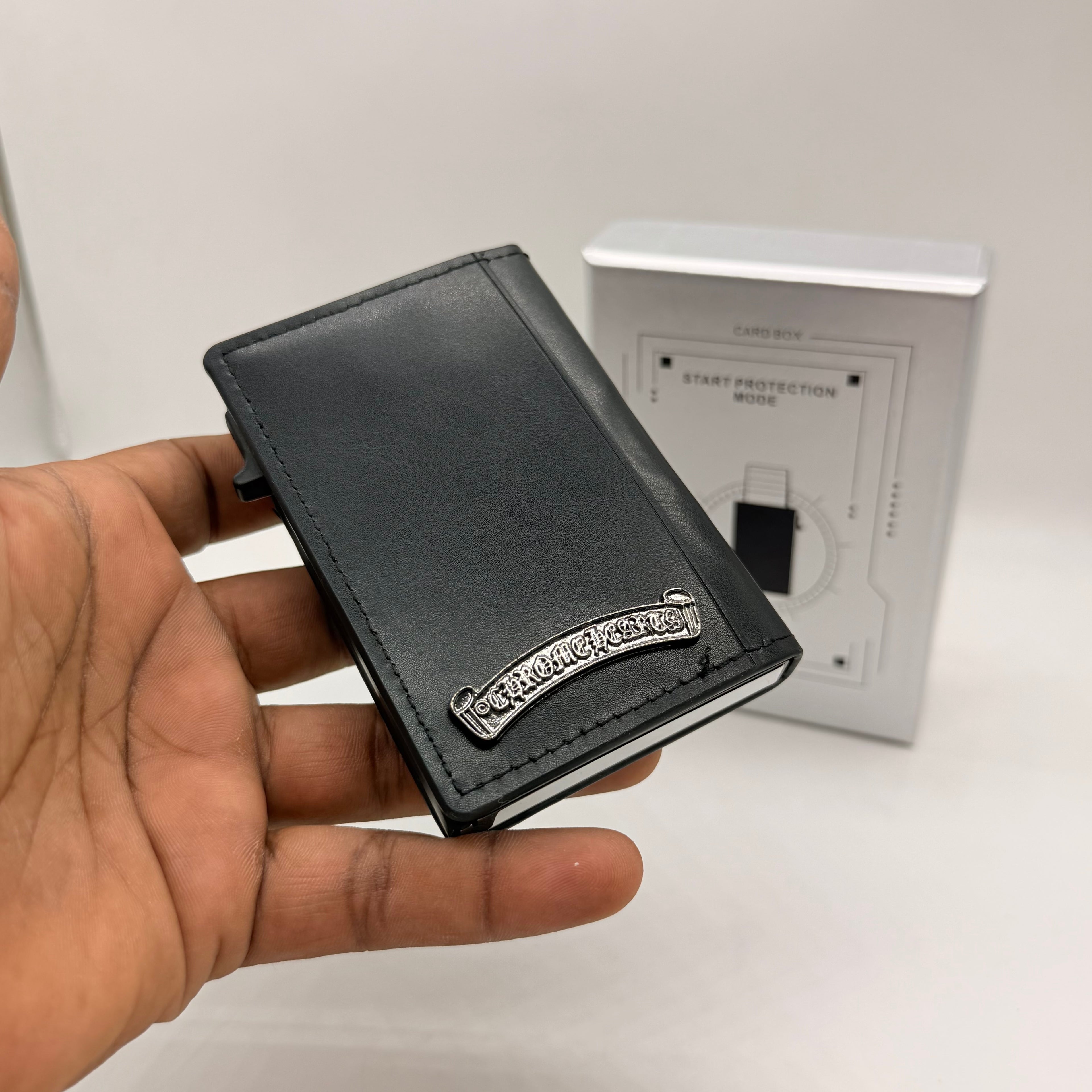 CH Chrome RFID Pop-Up Card Holder Wallet | Slim Metal Card Wallet with Leather Cover