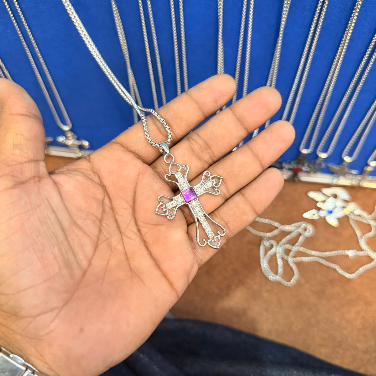 6 piece- purple cross pendant with chain