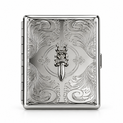 Premium Silver Engraved Metal Wallet with Gothic Dagger Emblem – Chrome Style